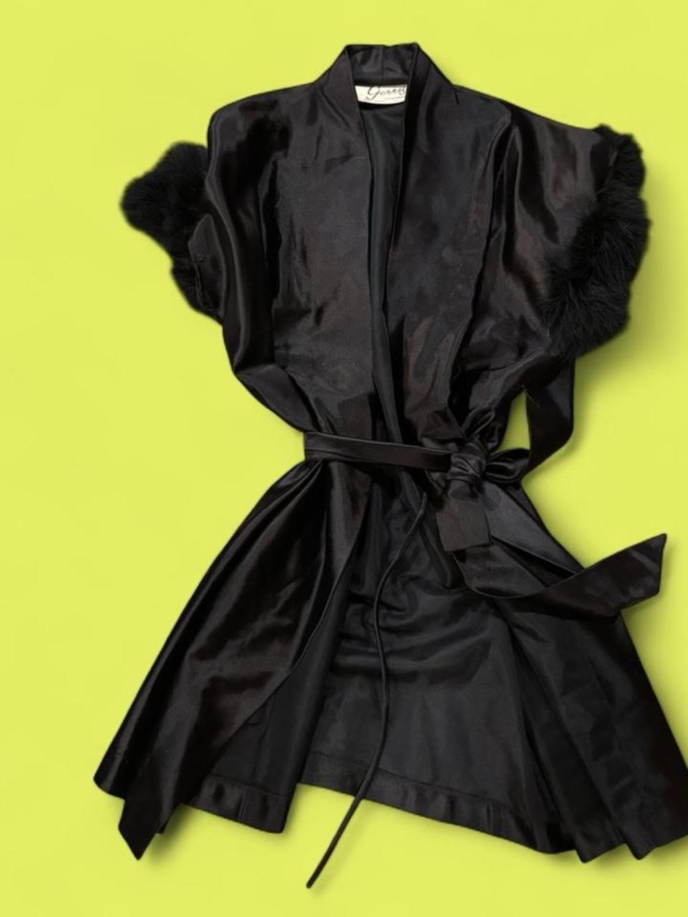 Gerry Weber Black Satin Belted Kimono with Fur-Trimmed Sleeves